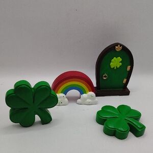 Green St Patrick's Day Shamrock Wooden Table Décor Set with Rainbow Accent, 4